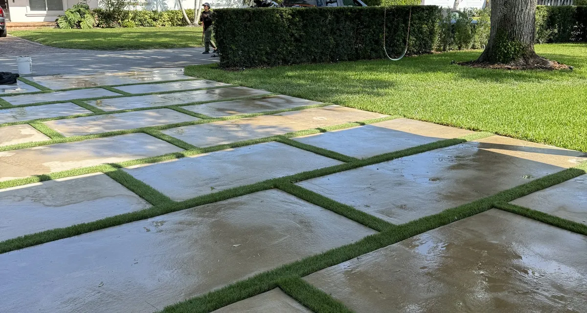 Modern paver and turf strip driveway with green turf ribbons installed by Govorex