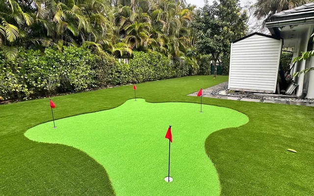 Custom backyard putting green with multiple cups installed by Govorex