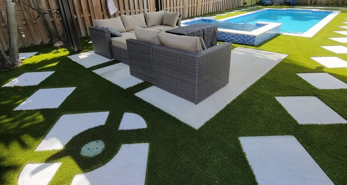 Evenly colored artificial turf lawn with crisp edges along a garden bed